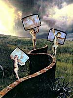 Collage of cherubs holding television sets, by Joan McCrimmon Hebb